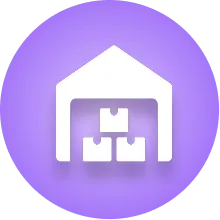 White warehouse icon with stacked boxes on a purple circular background.