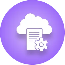 White cloud with a document and gear icon inside a purple circle representing cloud settings or cloud document management.