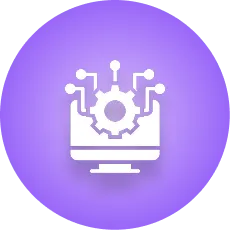 White computer monitor with a gear and circuit lines icon on a purple circular gradient background.