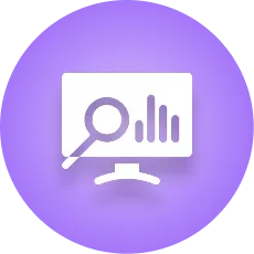 Computer monitor displaying a magnifying glass over bar chart, symbolizing data analysis or analytics.
