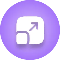White icon of two overlapping squares with an arrow pointing diagonally outward on a purple circular background.
