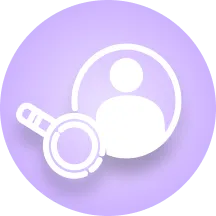 White user profile icon with magnifying glass on a purple circular background.