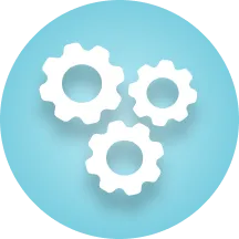 Three white interlocking gears on a blue circular background.