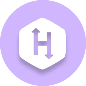White hexagonal icon with letter H featuring upward and downward arrows inside on a light purple circular background.
