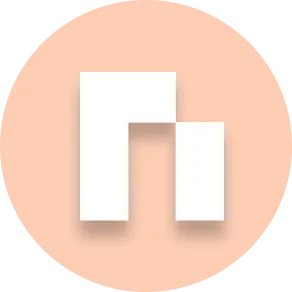 White logo with two connected rectangular shapes, one taller than the other, on a peach circular background.