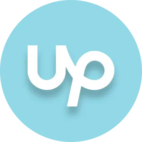 White lowercase letters 'up' in a stylized font on a light blue circular background.