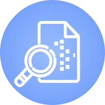 White magnifying glass over a document with digital pixels on a blue circular background.