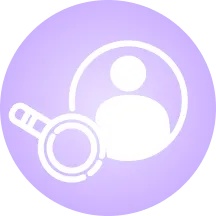 White user profile icon with a magnifying glass on a purple circular background.