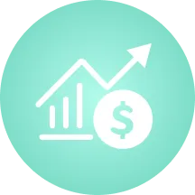 Icon of a rising bar chart with an upward arrow next to a dollar sign coin, symbolizing financial growth.
