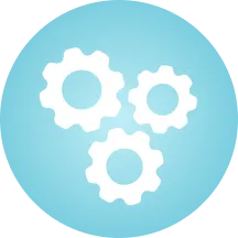 Three white interlocking gears on a blue circular background.