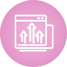 Icon of a computer window with three upward arrows symbolizing growth or progress on a pink circular background.