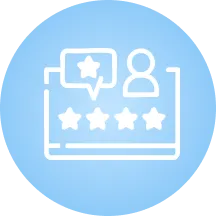 Icon of a person with a five-star rating and a speech bubble containing a star.