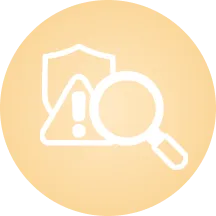 White magnifying glass over a shield with an exclamation mark inside a yellow circle, symbolizing security alert or risk analysis.