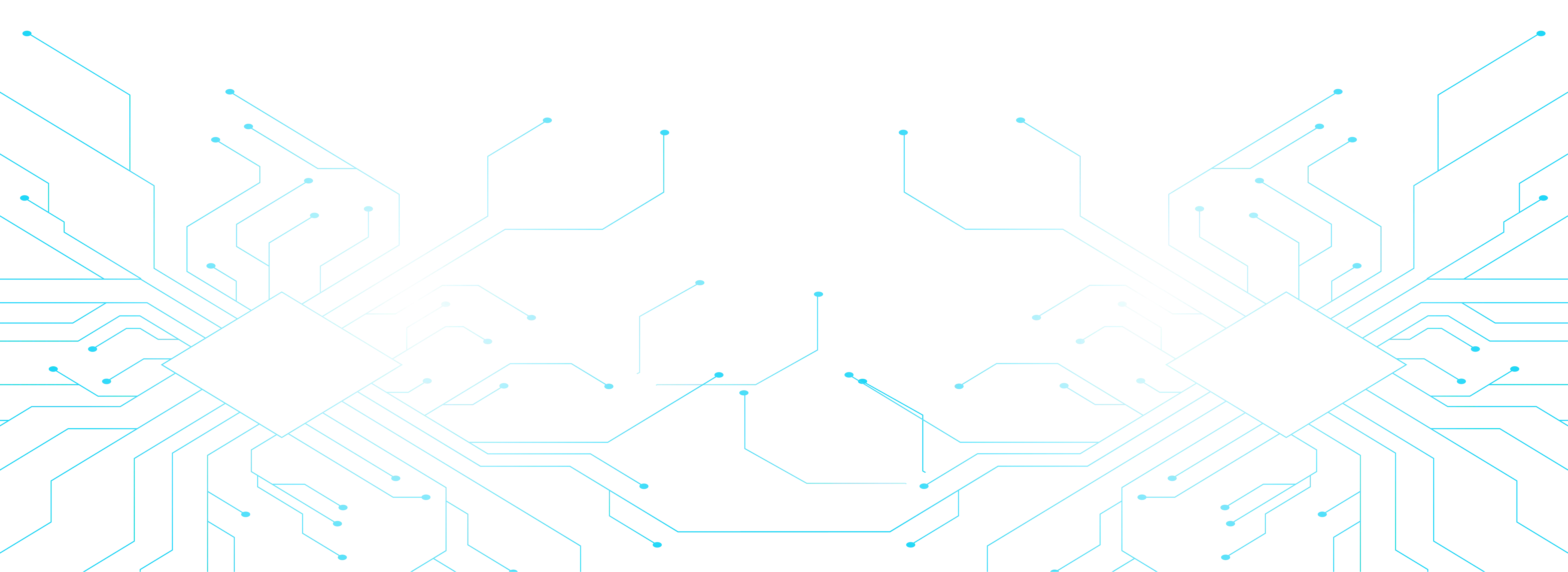 Symmetrical abstract circuitry design with glowing light blue lines and dots on a black background.