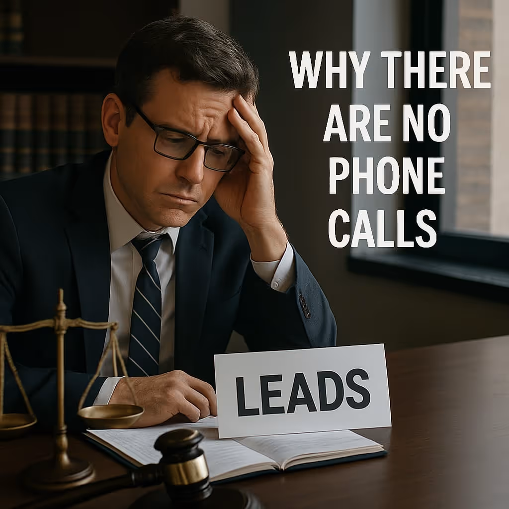 Man in suit and glasses looking stressed while sitting at a desk with a 'LEADS' sign, a gavel, and scales of justice, with text saying 'WHY THERE ARE NO PHONE CALLS'.