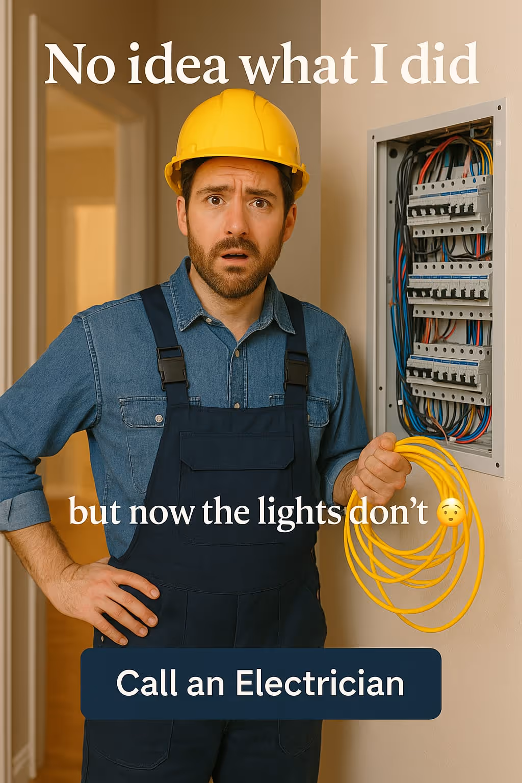 Confused electrician wearing a yellow hard hat and denim shirt holding a yellow cable next to an open electrical panel.