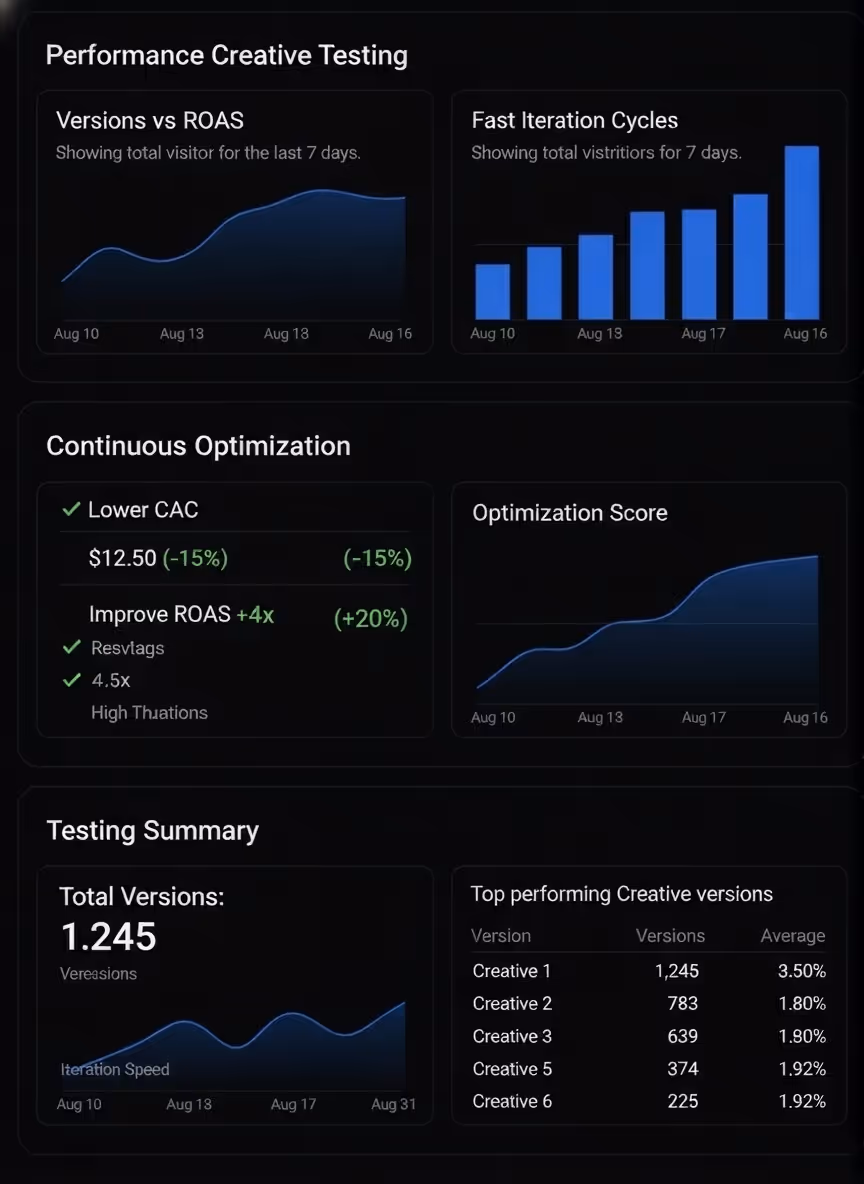 Dashboard showing performance creative testing with charts for Versions vs ROAS, Fast Iteration Cycles, Optimization Score, continuous optimization details, and testing summary with total versions and top performing creative versions.