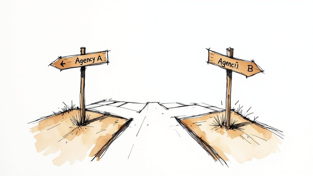 A person looking at a screen with question marks, symbolizing common questions about performance marketing