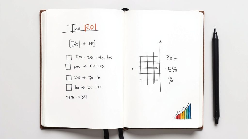 A calculator and a pen resting on a financial report with charts and graphs.