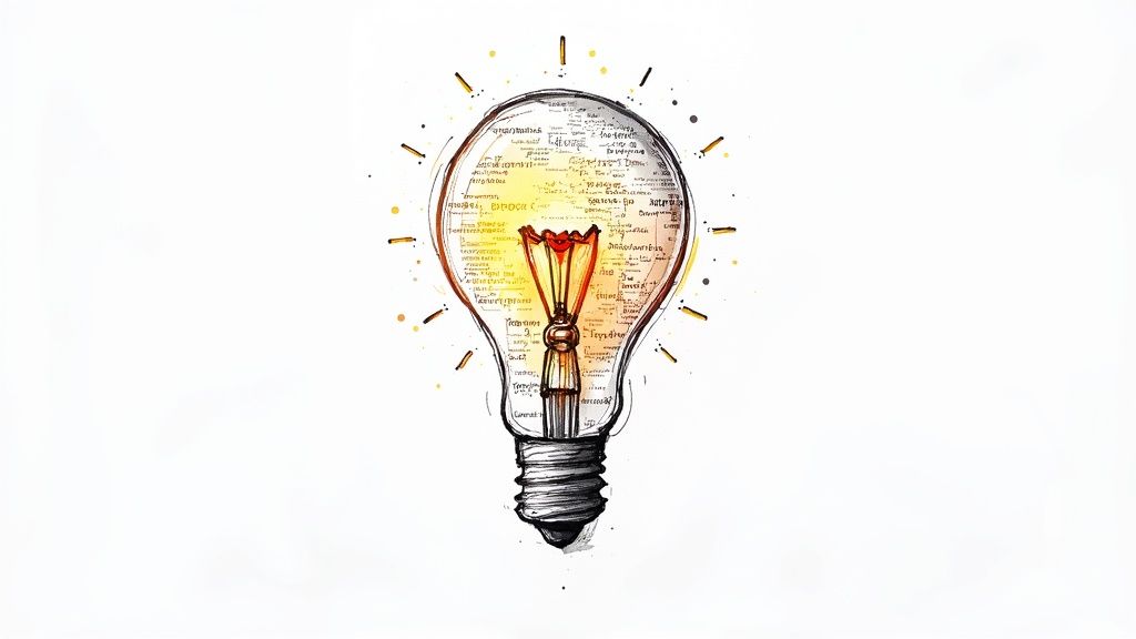 A digital illustration showing a writer's desk with a laptop displaying text being generated, with glowing AI icons and idea lightbulbs floating around it.