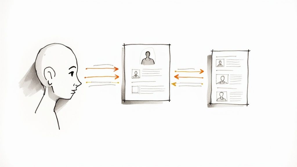 A visual representation of AI analyzing customer data points like purchases and clicks to create a personalized journey map.