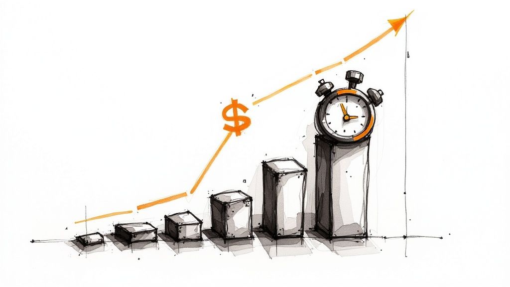A rising bar chart with a glowing AI icon at the peak, symbolizing financial growth and operational efficiency driven by AI in marketing.