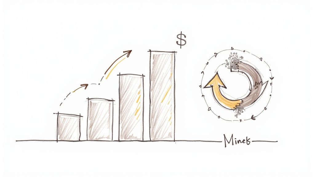 A graph showing a steep upward trend in business growth, with icons representing revenue, conversions, and customer retention.