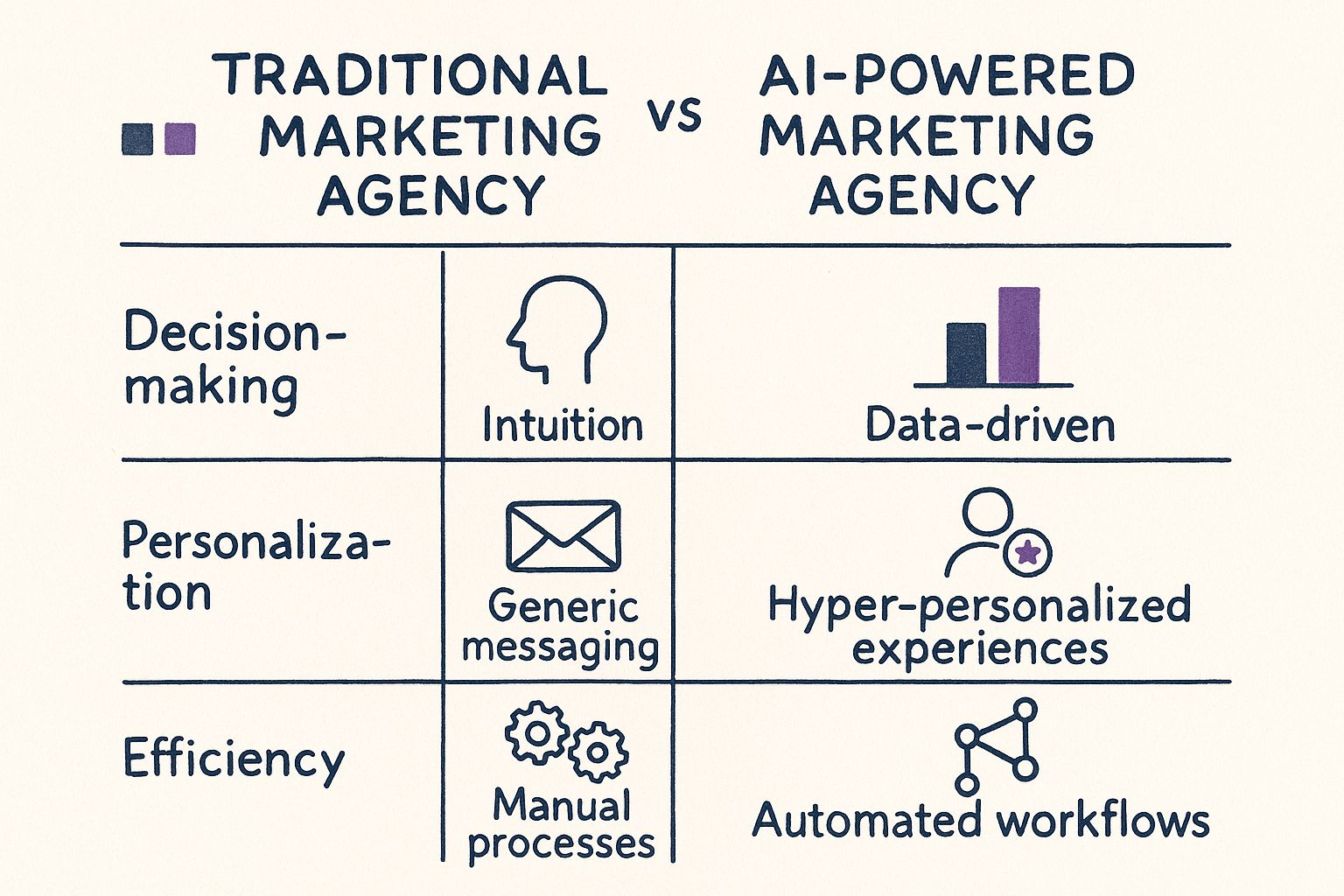 Infographic comparing a traditional marketing agency to an AI-powered marketing agency, showing differences in decision-making, personalization, and efficiency.