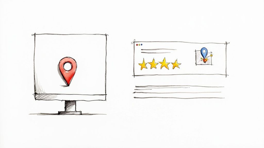 A person using a smartphone to find a local business on a map, with pins indicating different locations.