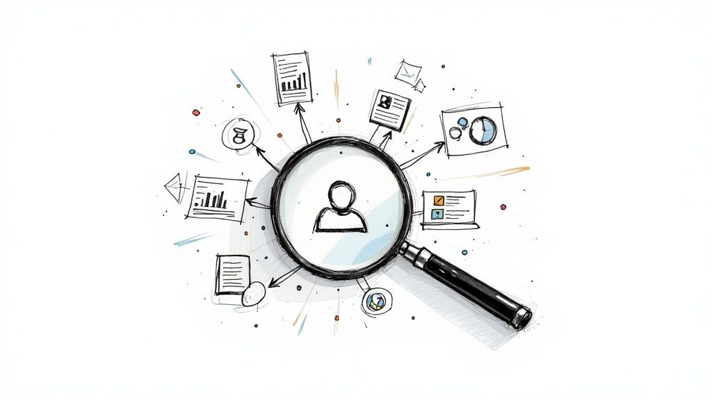 A person at a desk analyzing charts and data on a computer screen, representing research for buyer personas.