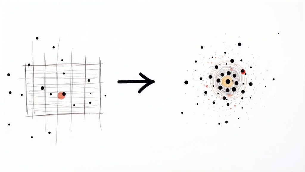 A person pointing at data visualizations on a screen, analyzing research for buyer personas.