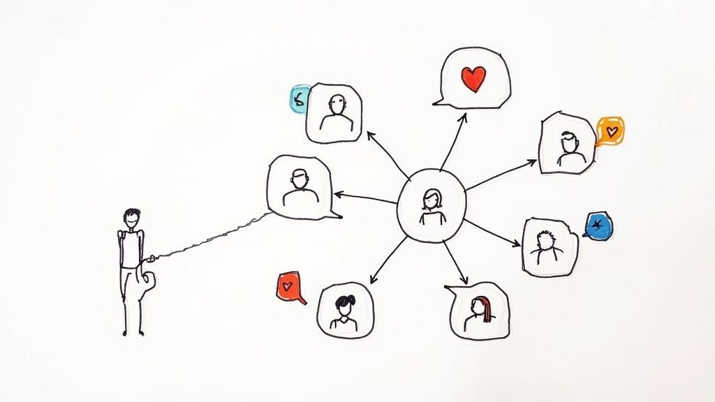 People interacting with social media icons on their mobile devices.