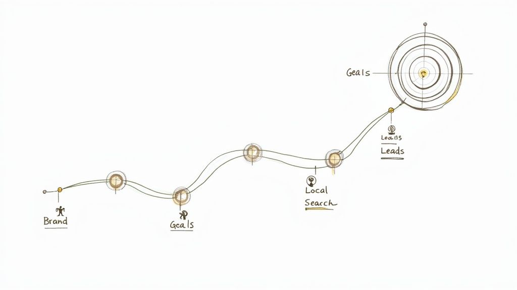 Business goals written on a whiteboard with sticky notes.