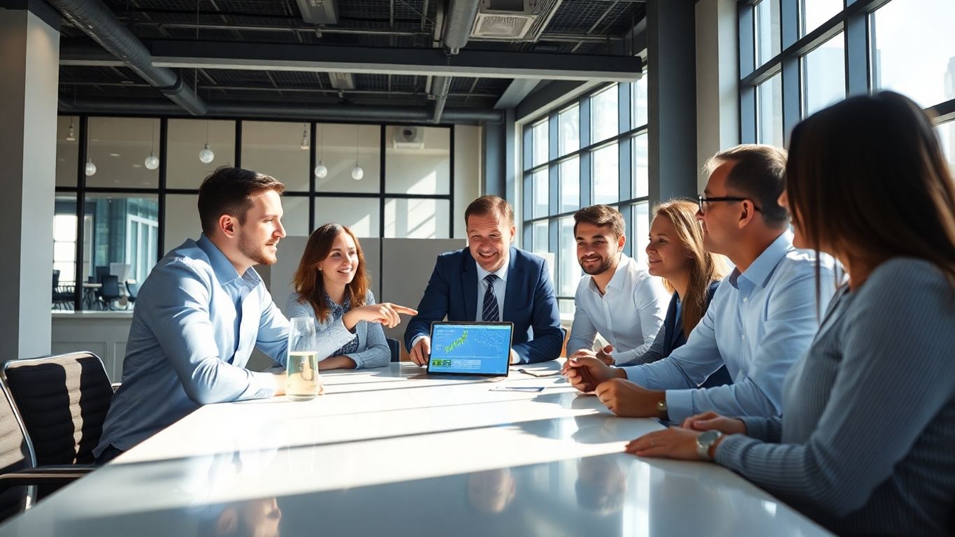 Business professionals collaborating in a bright, modern office.