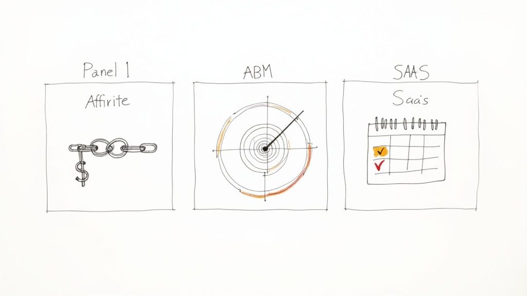 Business professionals reviewing charts and graphs on a digital tablet, representing successful outcome-based marketing models.