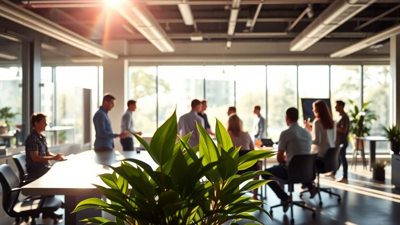 People collaborating in a bright, modern office space.