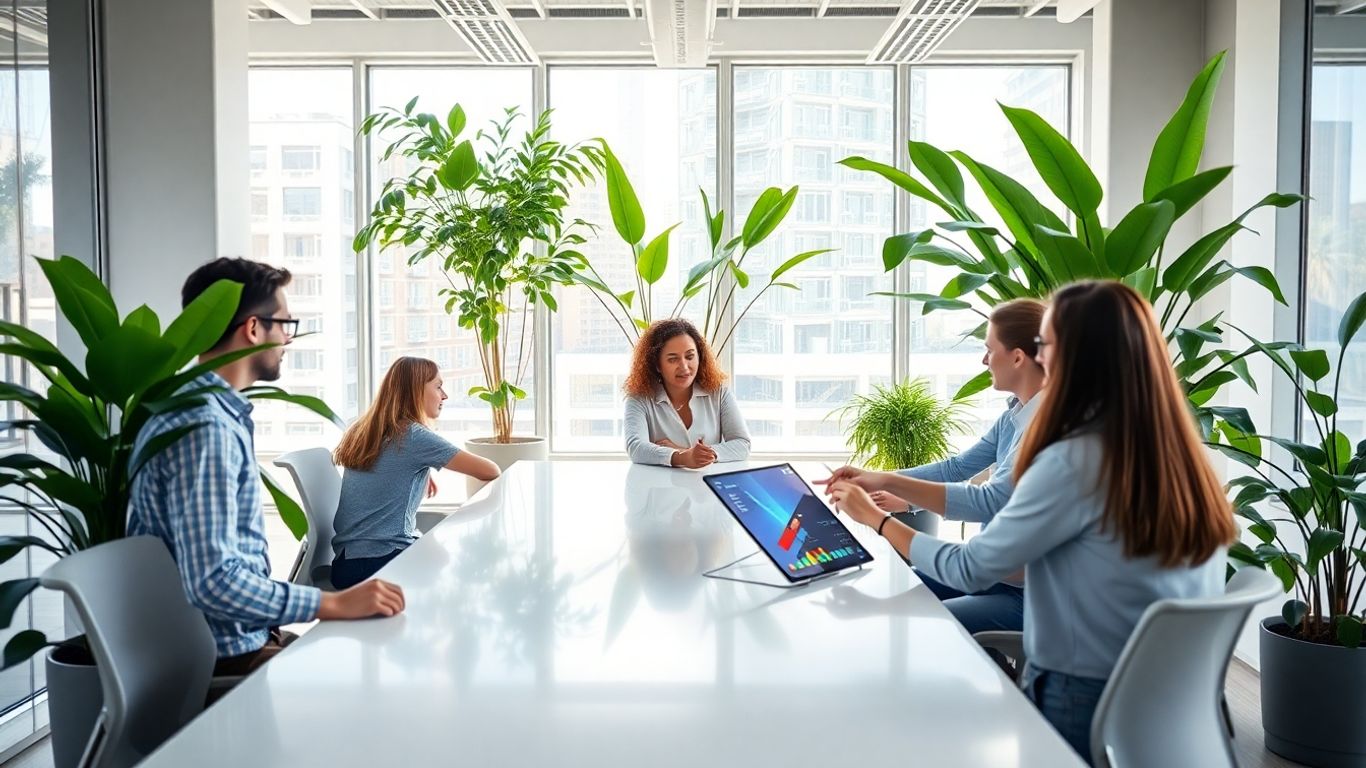 People collaborating in a modern office, digital displays.