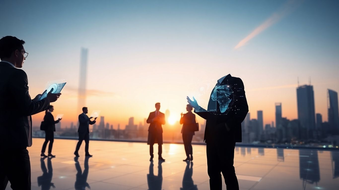 Futuristic cityscape with professionals using holographic interfaces.