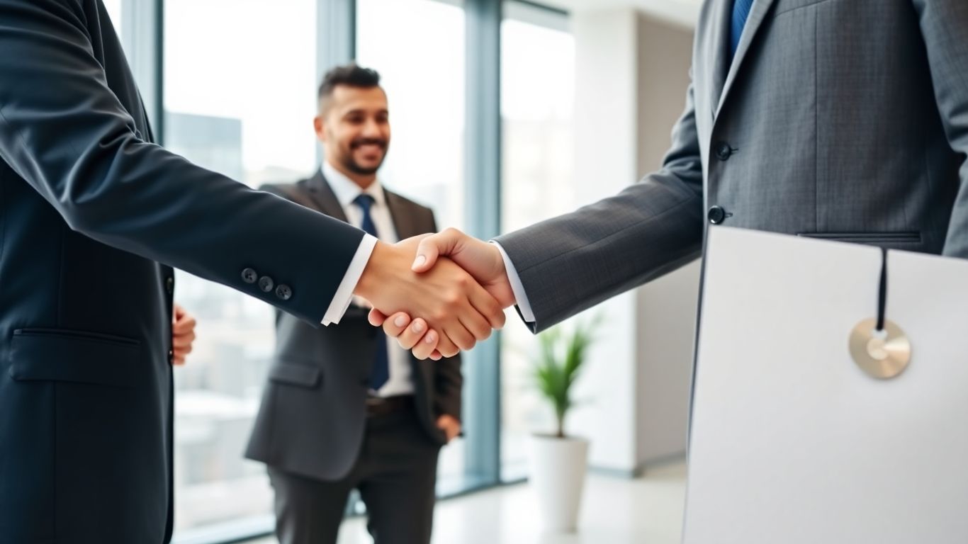 Business handshake symbolizing agency partnership and success.