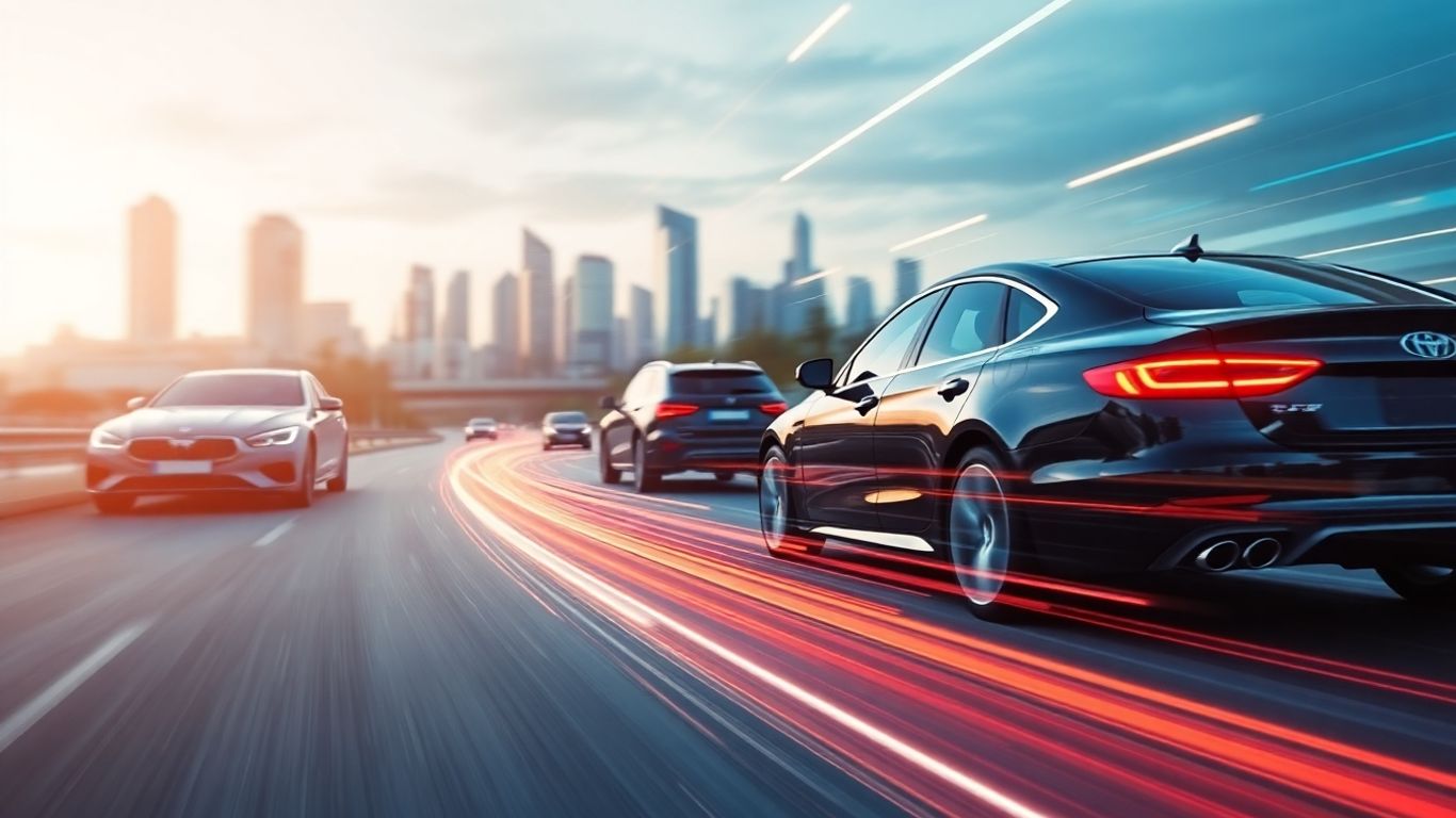 Automotive sales growth with sleek cars and light trails.