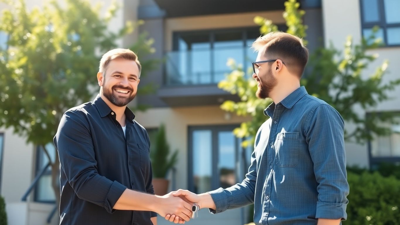 Landlord and tenant handshake near apartment building.