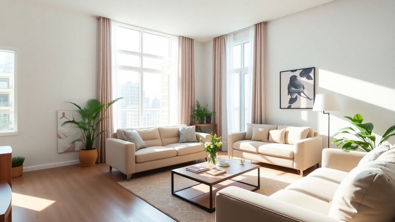 Modern apartment interior with sunlight.