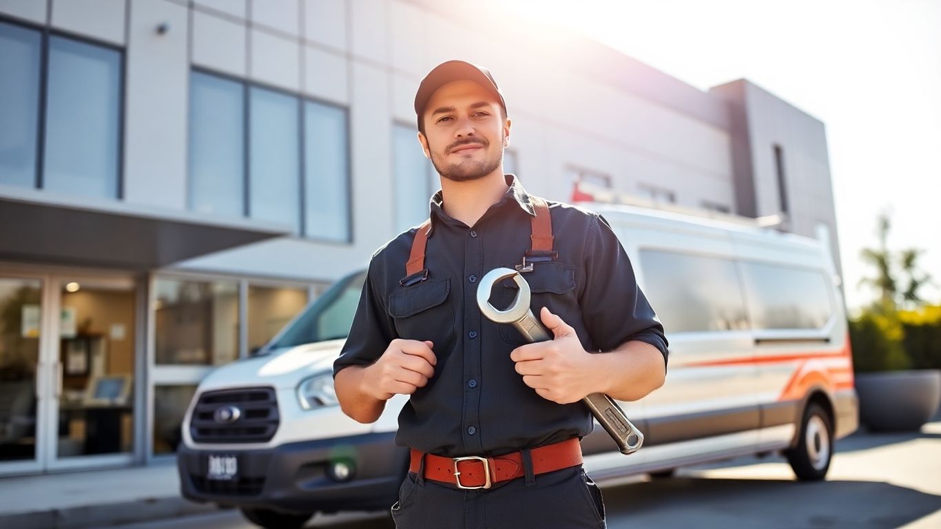 Plumber with wrench outside business, ready for lead generation.
