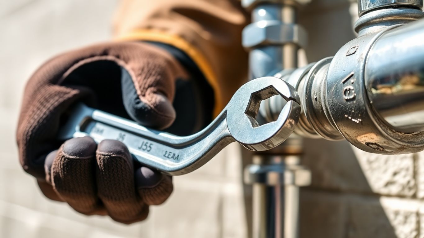 Plumber with wrench working on pipes.