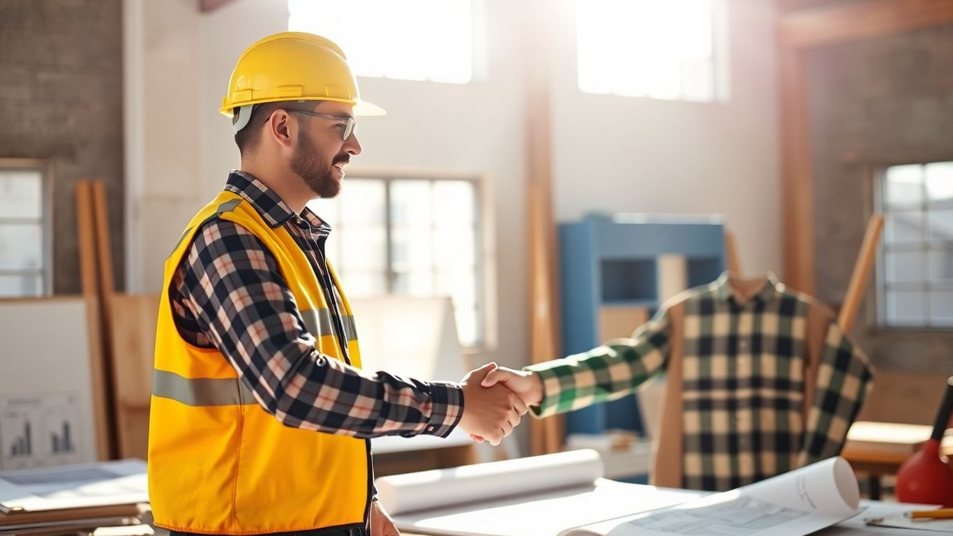 Contractor shaking hands with client, discussing new projects.