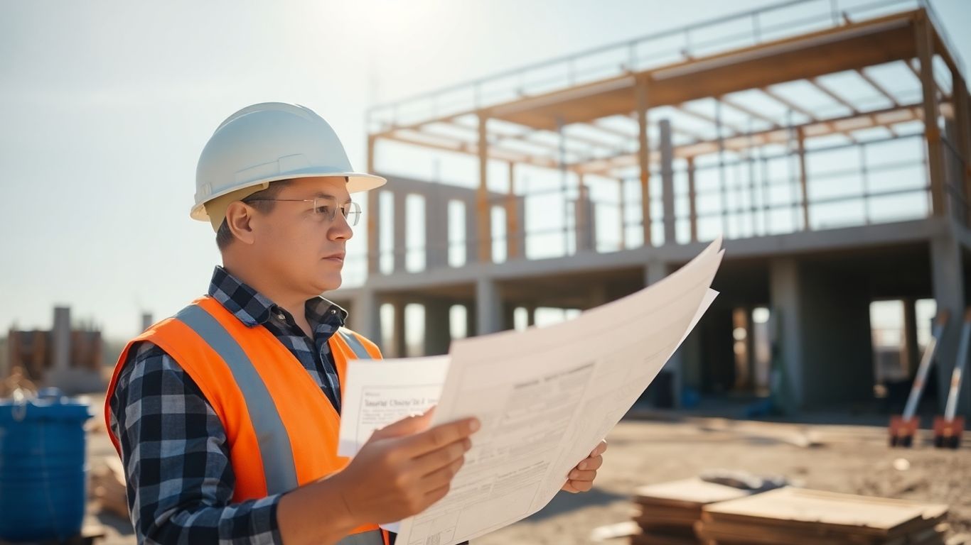 Contractor reviewing blueprints at a construction site.