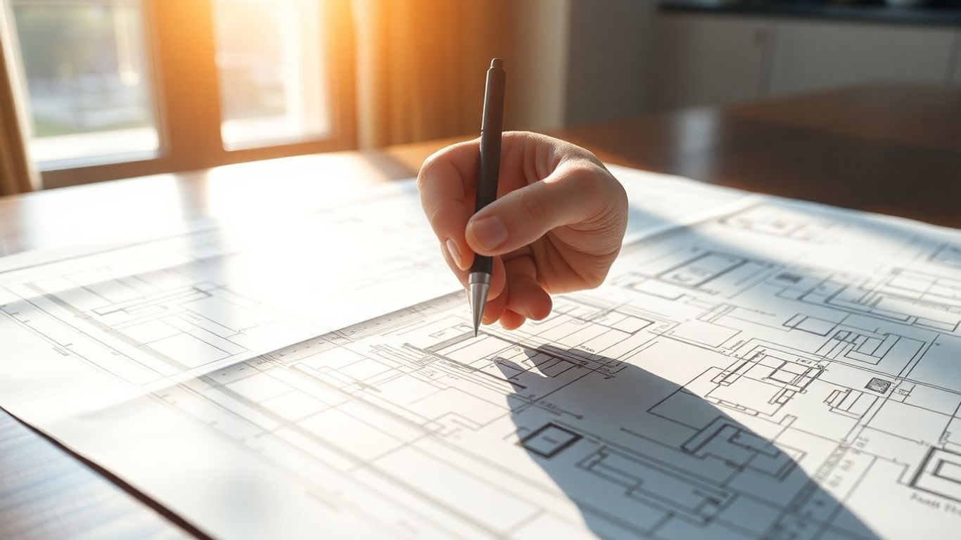 Architectural blueprint with stylus on a desk.