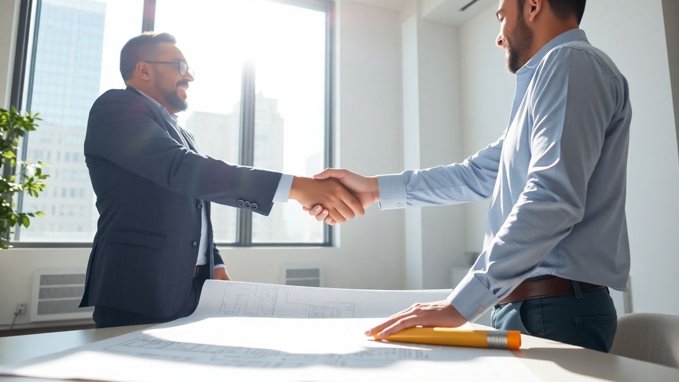 Architects shaking hands over blueprints in a modern office.
