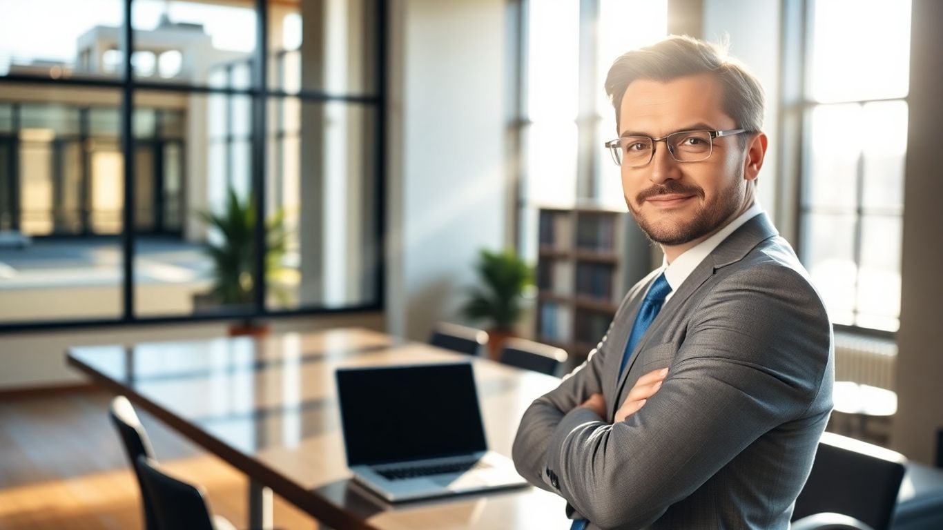 Attorney in office with sunlight and laptop.
