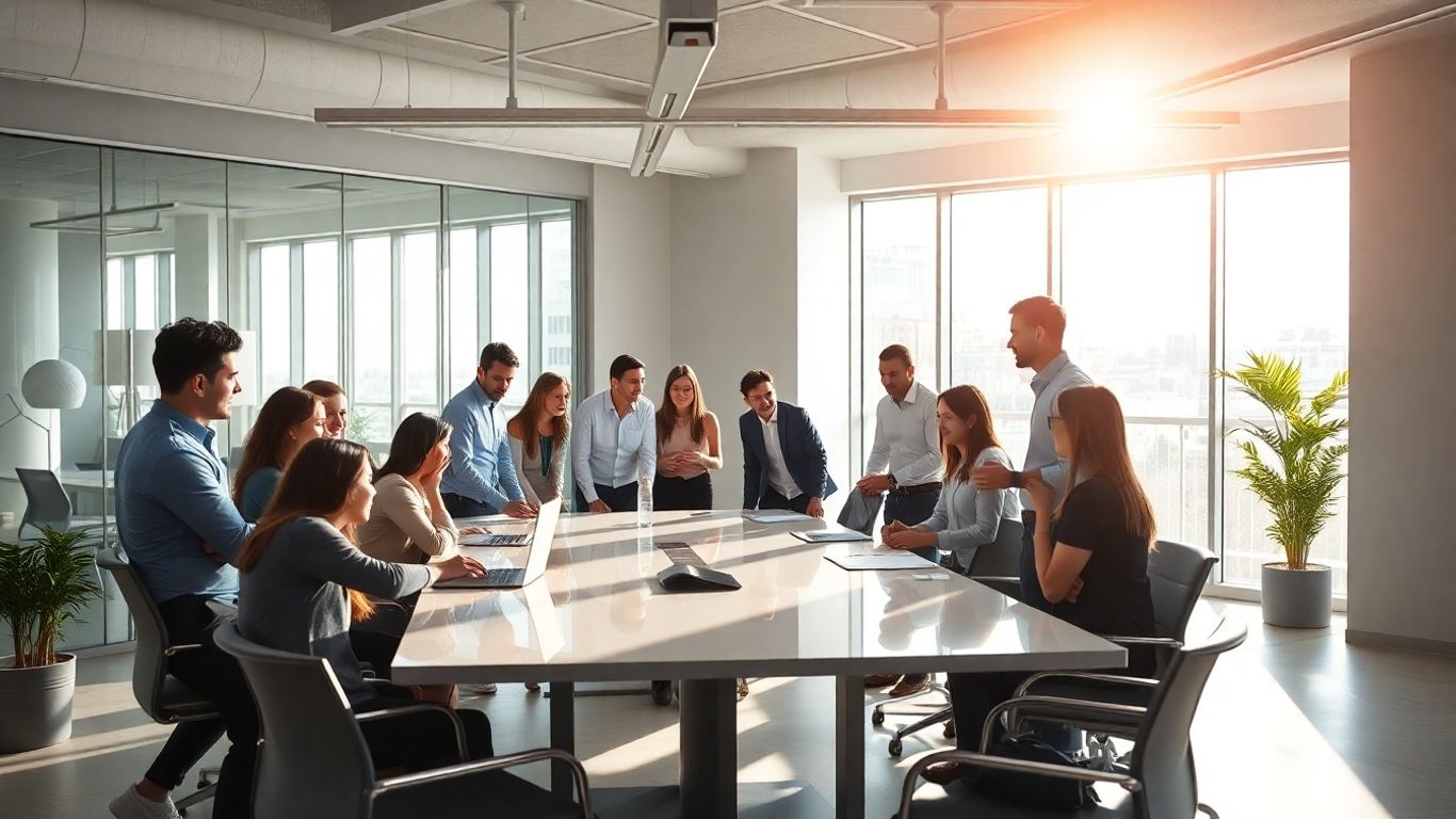 Technology professionals collaborating in a modern office.